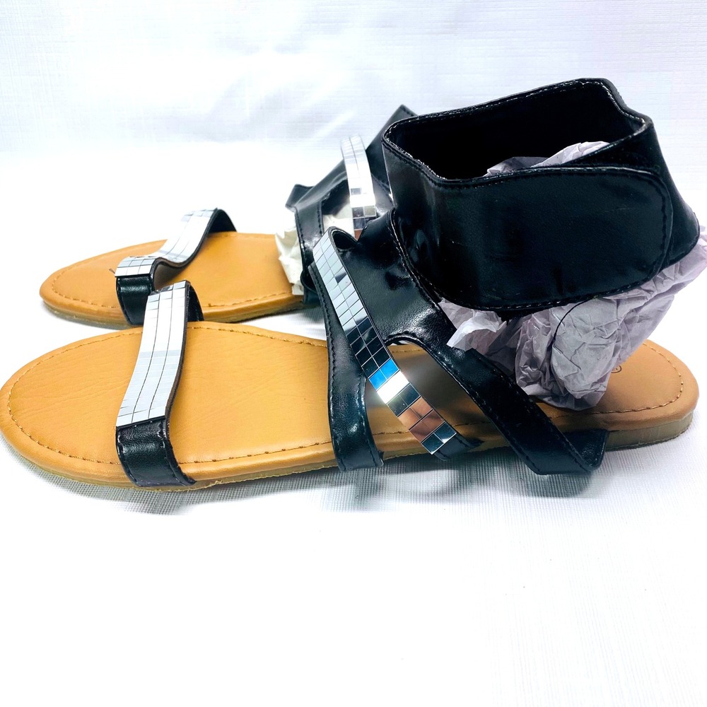 Blue Suede Shoes Black Sandals with Mirror Disco Embellishments Women's Sz 8.5‎